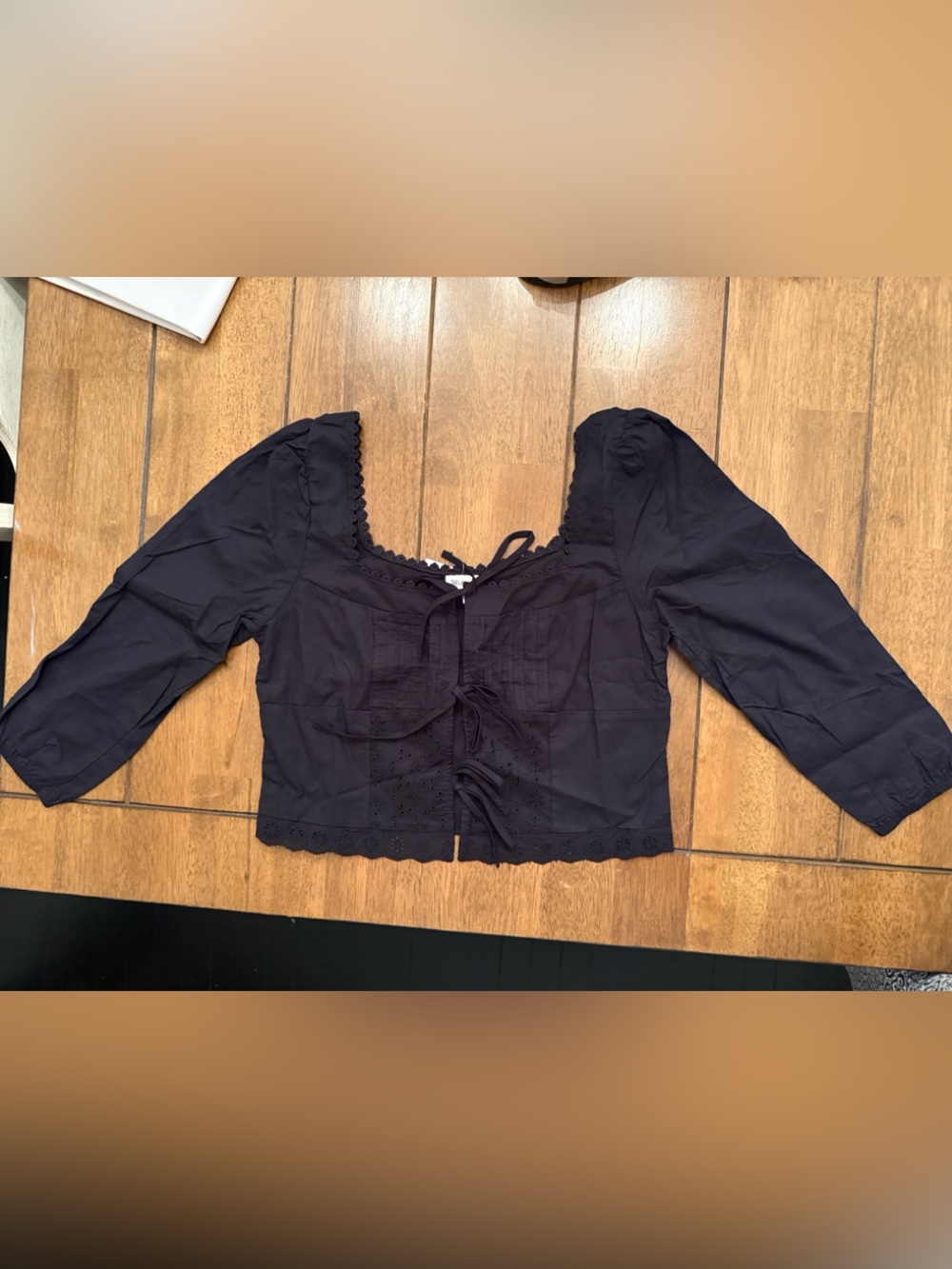 NWT Self e  Black Tie-Front Top Puff Sleeves eyelet milkmaid whimsigoth peasant